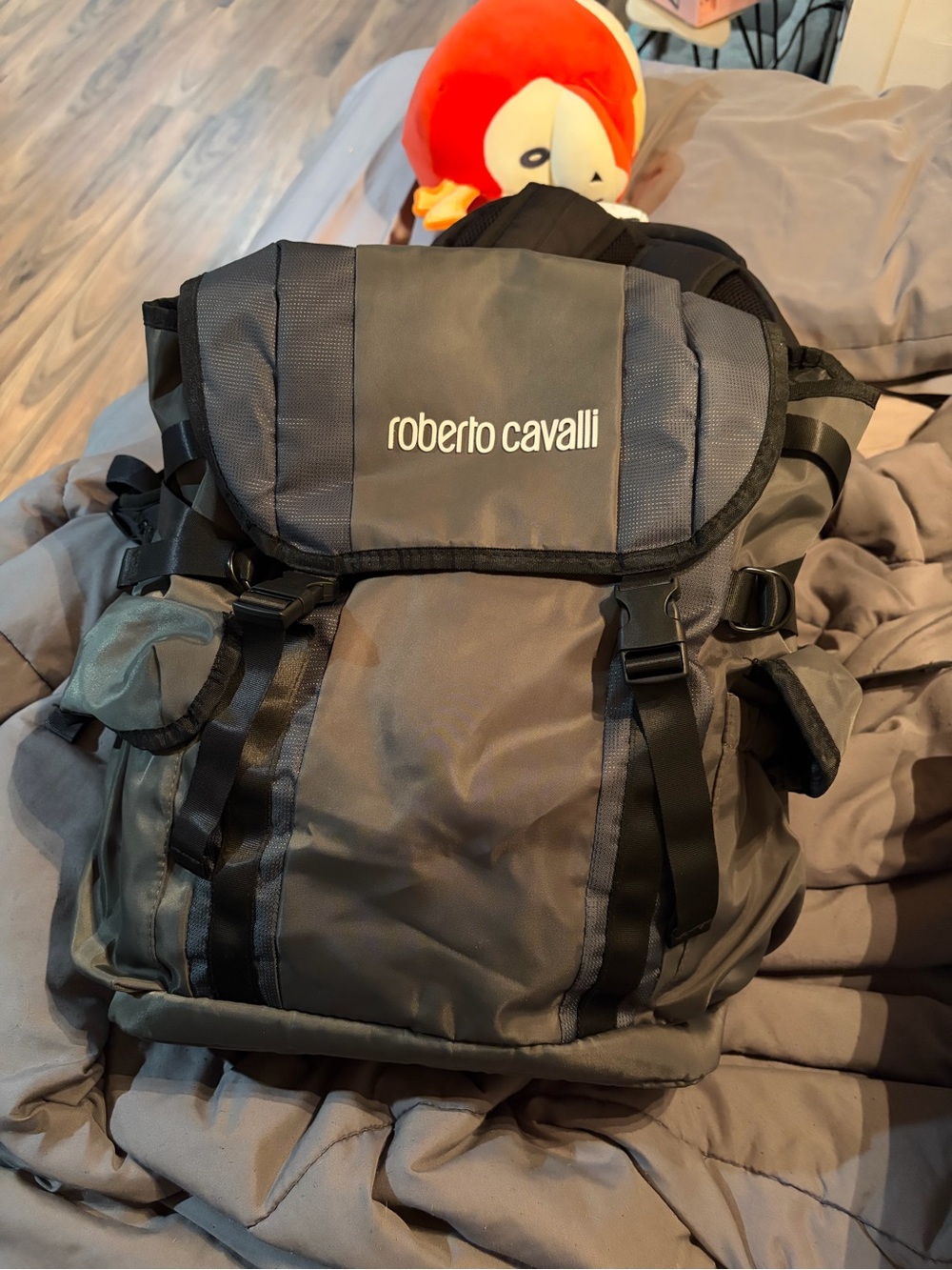 Roberto Cavalli Gray & Black Men's Backpack with Front Logo